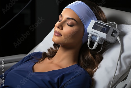 Beautiful young woman lying in the hospital bed with an ultrasound machine