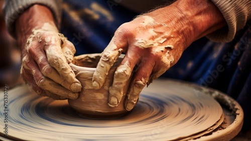 A potter's hands shaping clay on a wheel, exemplifying the delicate art of pottery-making.