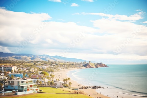 Photographie hilltop view of a beach town and azure waters