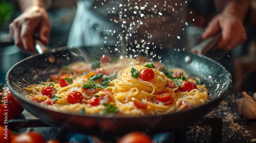 Close-up man cooking healthy pasta for his family in his home kitchen in a small frying pan dish with vegetables on stove - obrazy, fototapety, plakaty 