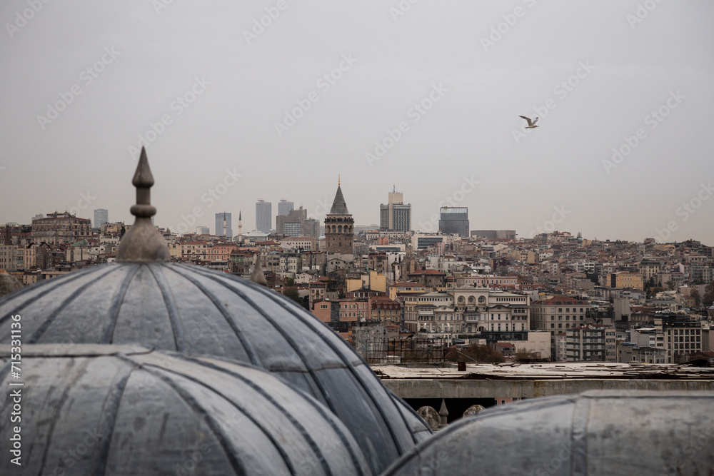 Naklejka premium Galata tower and domes in Istanbul's cityscape