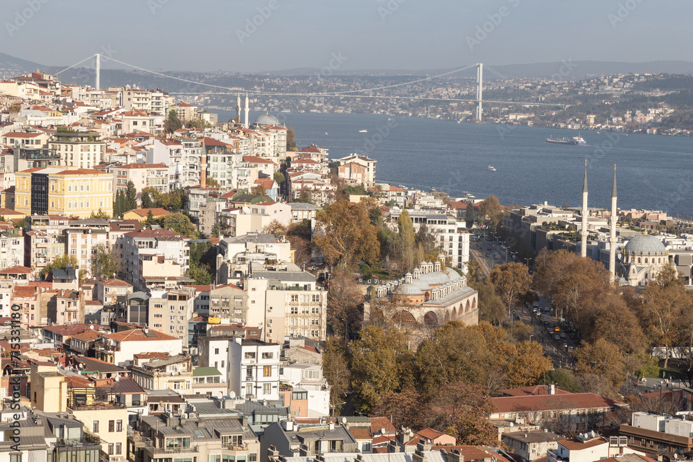 View of Istanbul's cityscape and Bosphorus, during sunny day