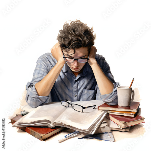 A student's stress during exam preparations isolated on white background, detailed, png 