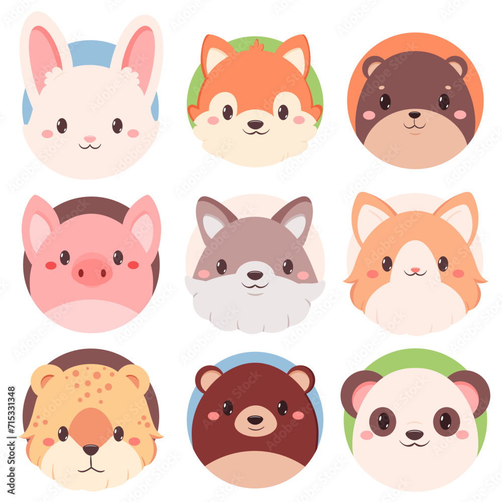 Set of kawaii member icon. Round stickers with cute cartoon dog, bear, leopard, cat, wolf, fox, panda, beaver, pig, rabbit. Baby collection of avatar with puppy. Vector illustration EPS8 Set of kawaii member icon. Round stickers with cute cartoon dog, bear, leopard, cat, wolf, fox, panda, beaver, pig, rabbit. Baby collection of avatar with puppy. Vector illustration EPS8