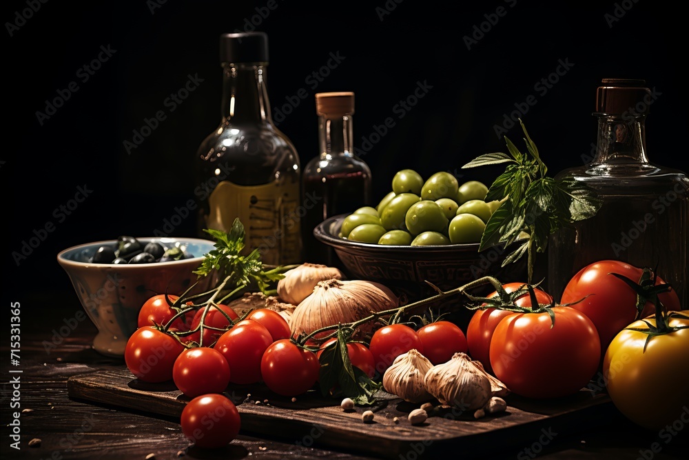 Still life of tomatoes, olive oil and garlic on a dark background