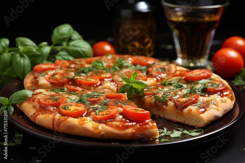 Pizza with mozzarella, tomatoes and basil on black background