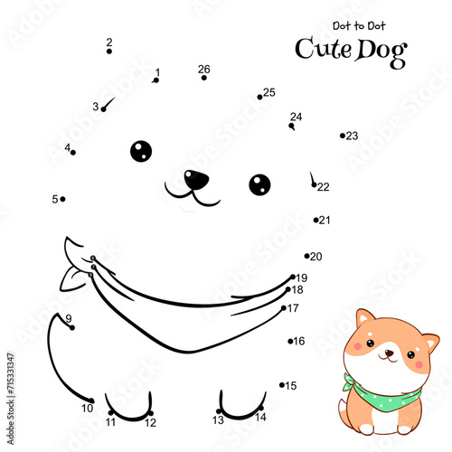 Connect The Dots and Draw Cute Dog. Dot to dot puzzle with cartoon little shiba inu puppy. Educational Game for Kids. Drawing for Preschool children. Vector Illustration EPS8