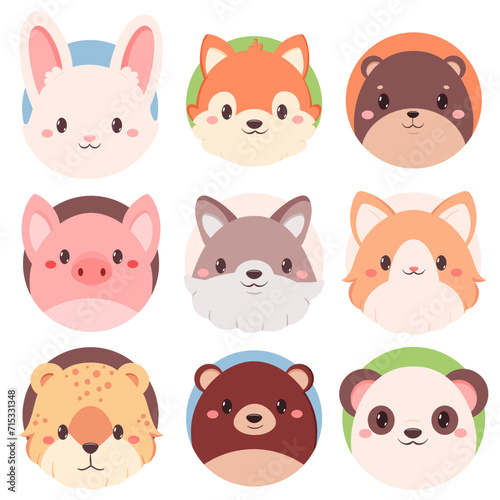 Set of kawaii member icon. Round stickers with cute cartoon dog, bear, leopard, cat, wolf, fox, panda, beaver, pig, rabbit. Baby collection of avatar with puppy. Vector illustration EPS8