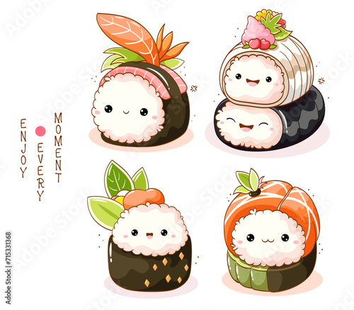 Set of cute sushi and rolls in kawaii style with smiling faces. Japanese traditional cuisine dishes. Can be used for t-shirt print, sticker, greeting card, menu design. Vector illustration EPS8  