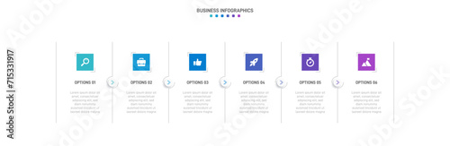 Timeline infographic with infochart. Modern presentation template with 6 spets for business process. Website template on white background for concept modern design. Horizontal layout.