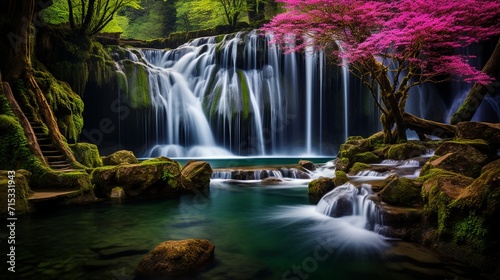 A pristine waterfall surrounded by vibrant spring blooms  the water gently cascading down moss-covered rocks in a hidden paradise.