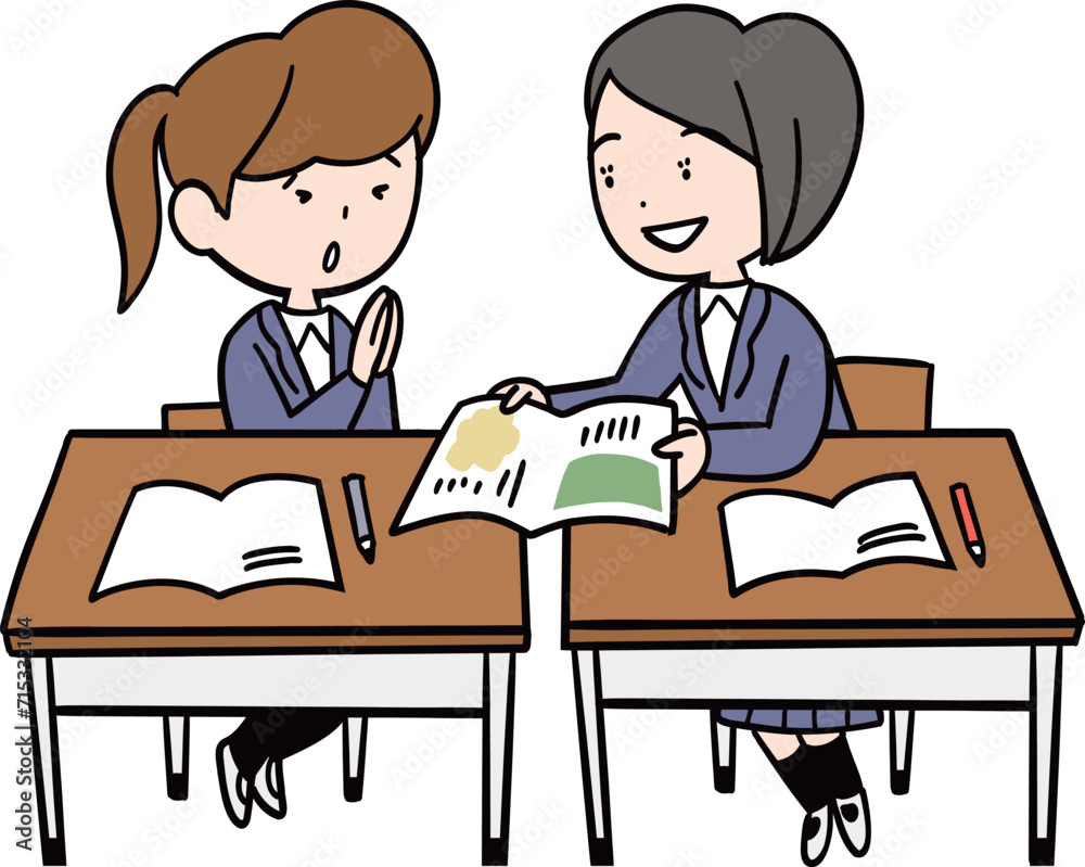 教室の机を並べた隣同士の学生が教科書を見せてあげる 教室の机を並べた隣同士の学生が教科書を見せてあげる