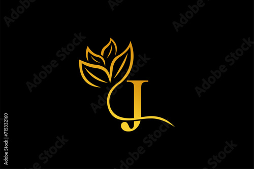 letter J logo design with luxurious gold and elegant floral ornaments. monogram J. icon J flourish. logo for business, company, boutique, salon, beauty, restaurant, brand, etc