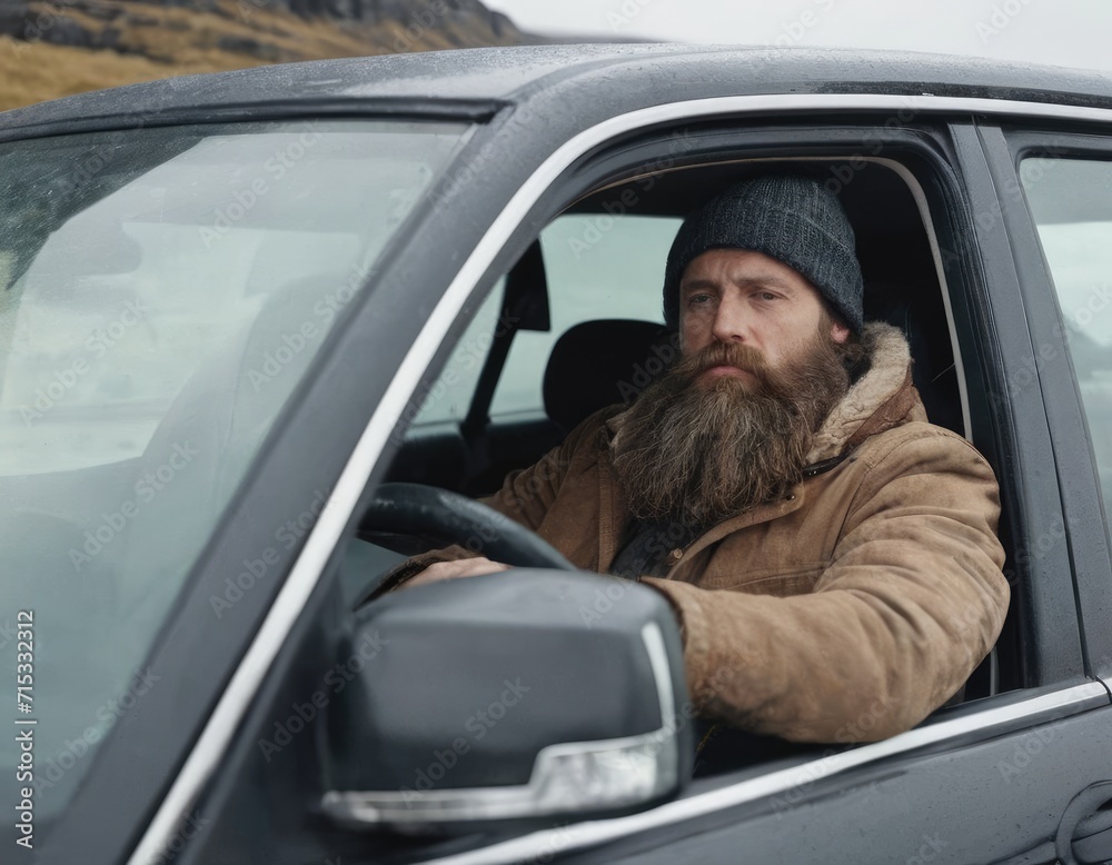 Man with a long beard inside car getting warm during freezing co Man with a long beard inside car getting warm during freezing co