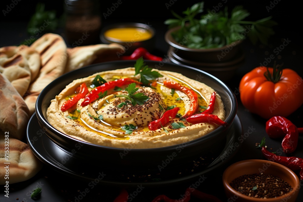 Middle Eastern hummus on a wooden table, on a dark background Middle Eastern hummus on a wooden table, on a dark background