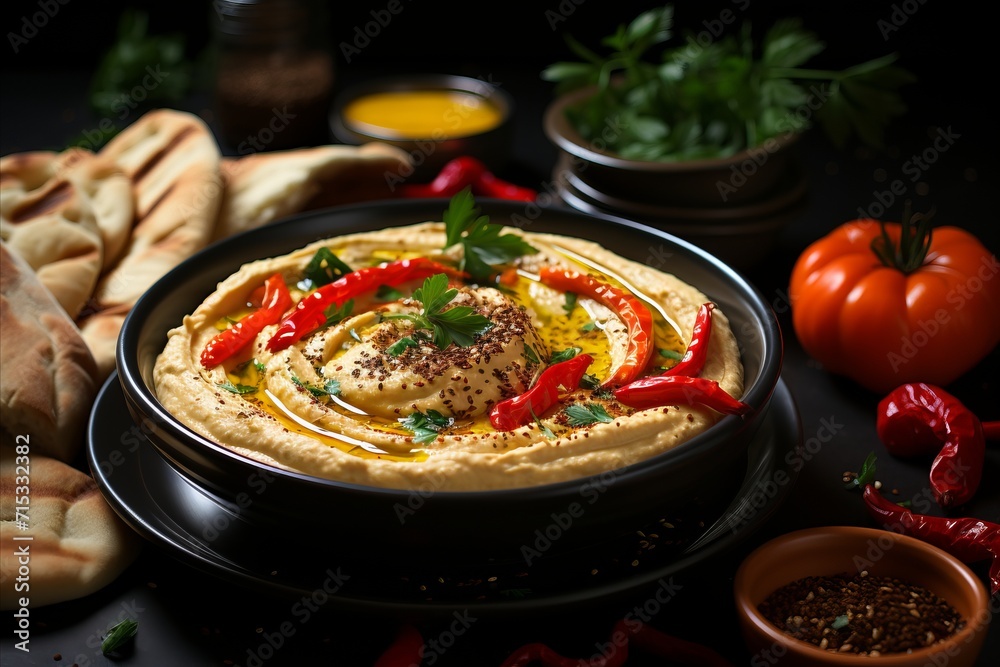 Middle Eastern hummus on a wooden table, on a dark background