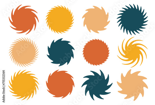 Swirling circles vortex. Set of vector starburst, sunburst badges. Different color. Simple flat style Vintage labels. Typhoon. Colored stickers. A collection of different types and colors icon. 11:11