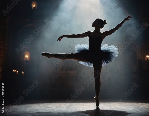 Silhouette of a ballerina dancing in a rich castle in the dark,