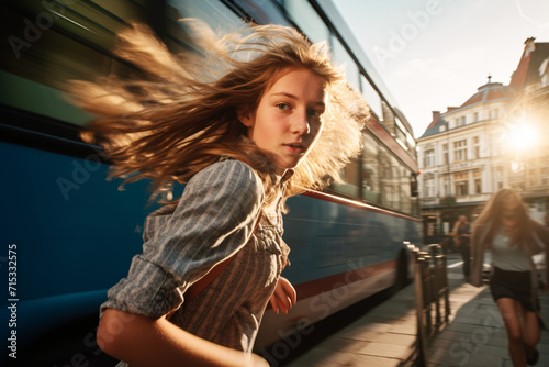A beautiful backpacker running and catching a bus on the street.