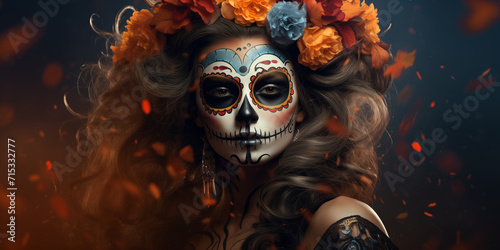 Manga anime smiling beauty hot girl day for dead sugar skull, Woman sugar skull fashion make up the day of the dead © Aoun