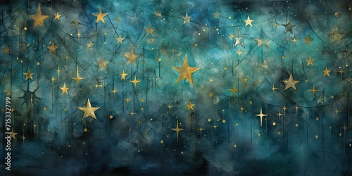 A blue and turquoise tiled wall with golden stars drawn on it, Abstract luxury background