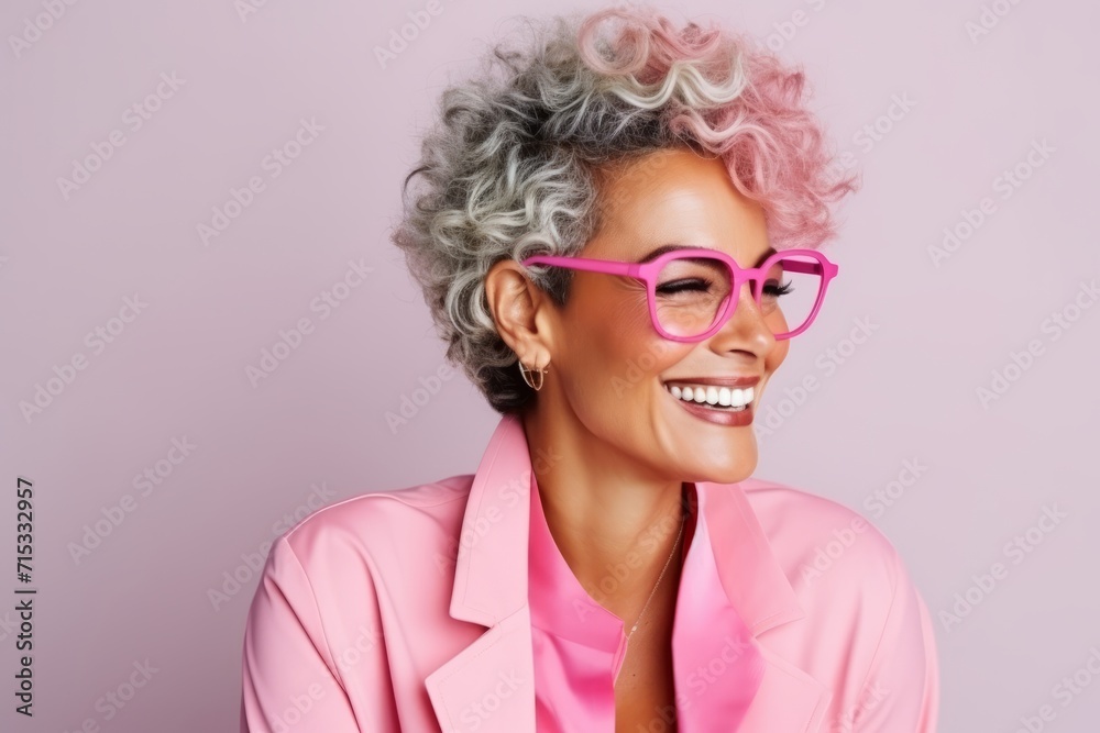 Beautiful african american woman wearing pink glasses over pink background