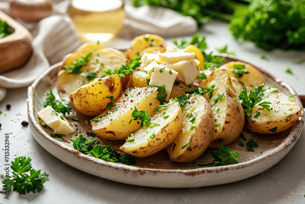 Traditional Russian baked potatoes in a plate with butter and parsley, Image for the menu of a restaurant, cafe Traditional Russian baked potatoes in a plate with butter and parsley, Image for the menu of a restaurant, cafe