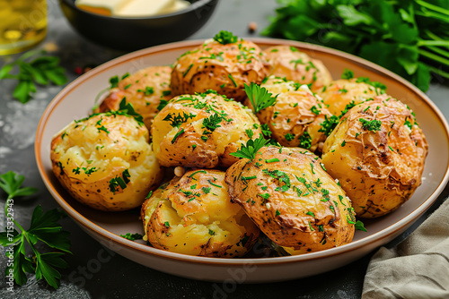 Traditional Russian baked potatoes in a plate with butter and parsley, Image for the menu of a restaurant, cafe