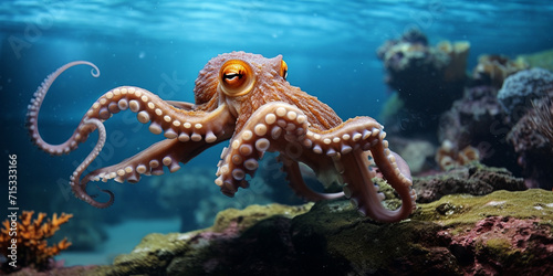 Deep sea blue water still live , Adult octopus swimming at ocean.