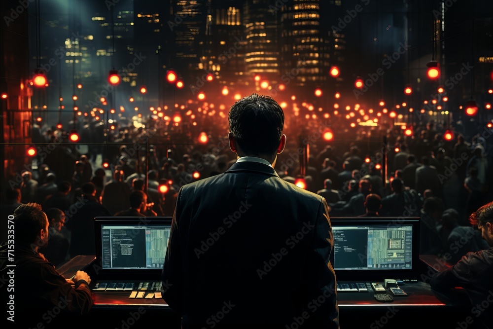Rear view of a businessman standing in front of a large crowd at a concert Rear view of a businessman standing in front of a large crowd at a concert