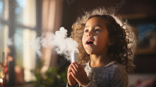 child inhales , girl using inhaler at home.