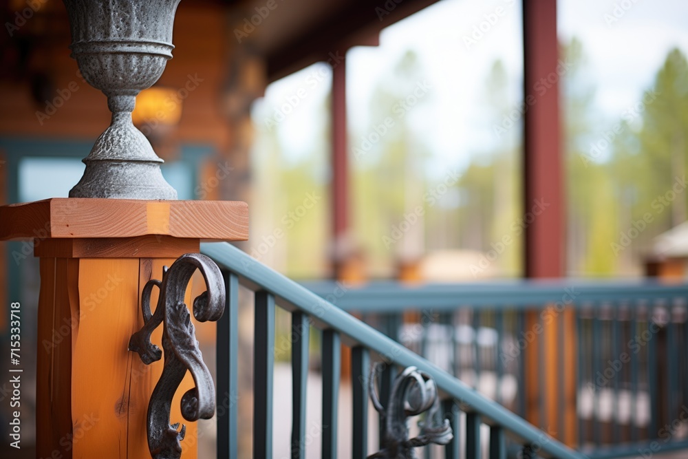 wrought iron bannister detail on log cabin balcony wrought iron bannister detail on log cabin balcony