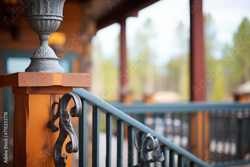 wrought iron bannister detail on log cabin balcony Fototapet