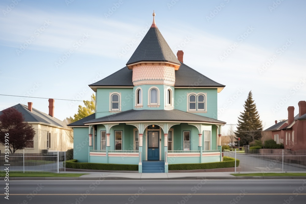 Fototapeta premium victorian house with a rounded turret on a quiet street