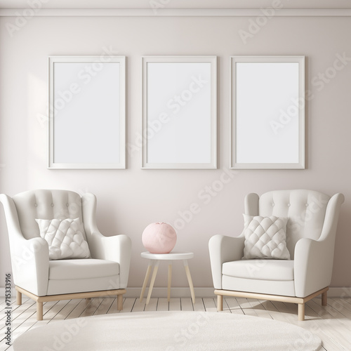 Mockup poster in modern living room with two chairs, minimal room, modern interior,