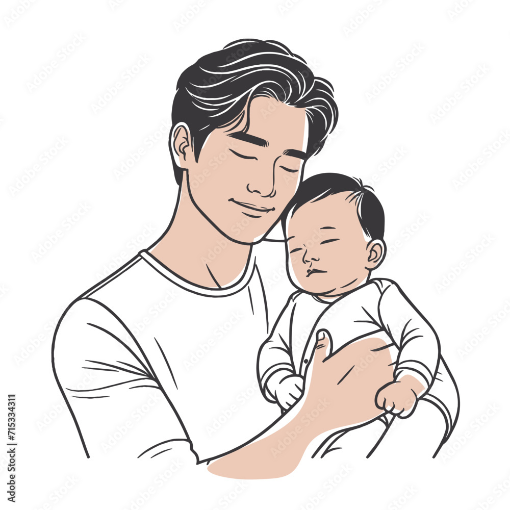 A handsome Asian dad is holding a cute baby in his arms. Parental love and care. Father's Day. Paternity.
Simple line art. contour drawing. Black lines. Vector illustration