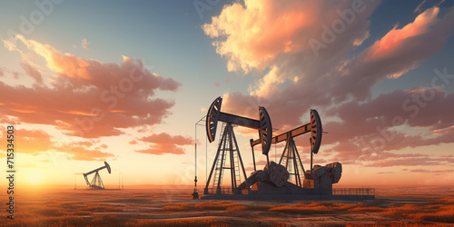 Oil pumps in oilfield at sunset, Oil industry banner. photo