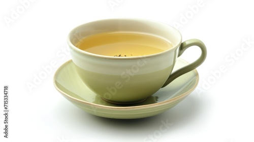 a cup of hot green tea isolated on white background