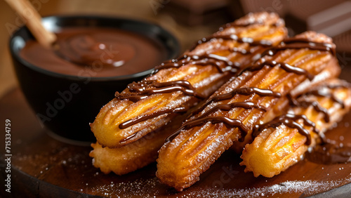 Fototapeta Naklejka Na Ścianę i Meble -   Churros With Chocolate Mxican Spanish Food Sweet Dessert Fried Dough with Chocolate Sauce, Generative AI
