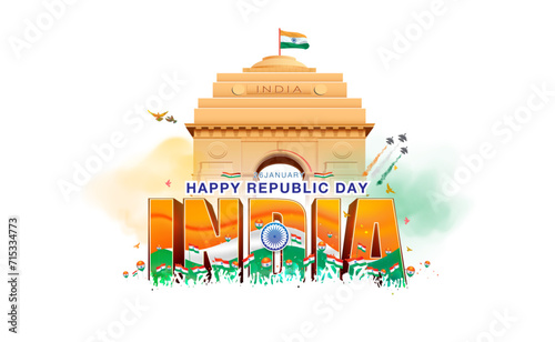 26 january Happy Republic day of india celebration background. Patriotic parade show at india gate with tricolor flag.