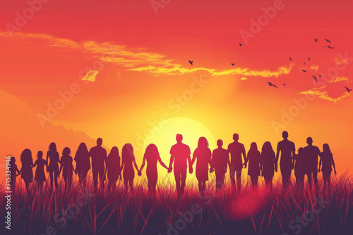 A crowd holding hands at sunset.