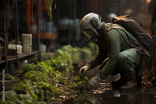 Man wearing gas mask and gloves working in a garden