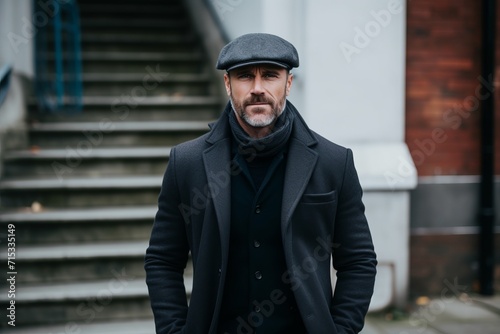 Handsome bearded man in a black coat and cap on the street