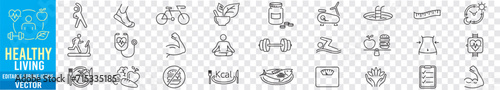Healthy Lifestyle wellness relaxation health exercise yoga spa diet wellbeing editable line icons collection.