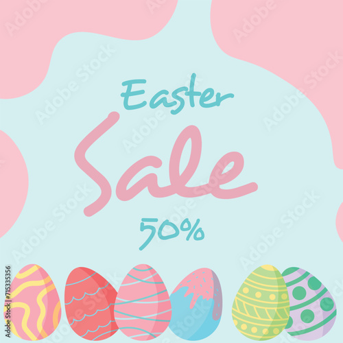 Happy easter sale banner 50% with eggs. Holiday cover, minimalist style art. Easter Sunday flat design poster. Perfect for a card or postcard.