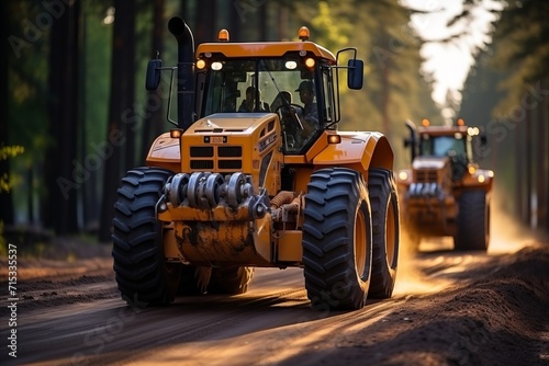 Tractor working on a road construction site. Heavy duty machinery working on a road construction site.