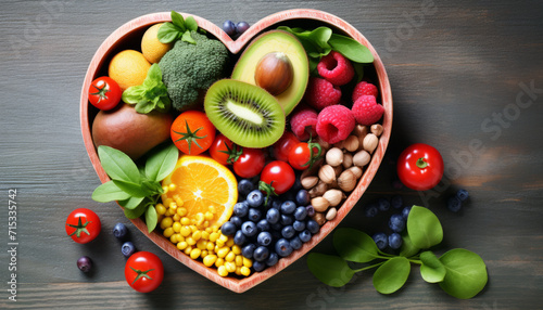 A colorful and healthy assortment of fruits and vegetables arranged in the shape of a heart
