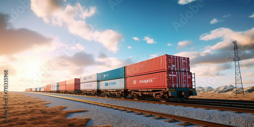 a train carrying cargo containers, A train with a blue container on the front is going down the tracks..