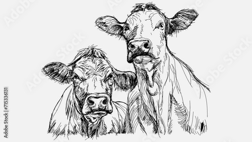 A hand-drawn sketch of two cows looking at the viewer with thoughtful eyes. Drawing with a black pen on a white background. Time lapse