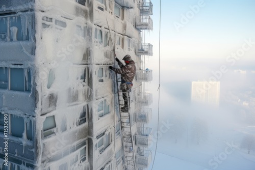 A real construction worker at a high-rise construction site on a cold winter day